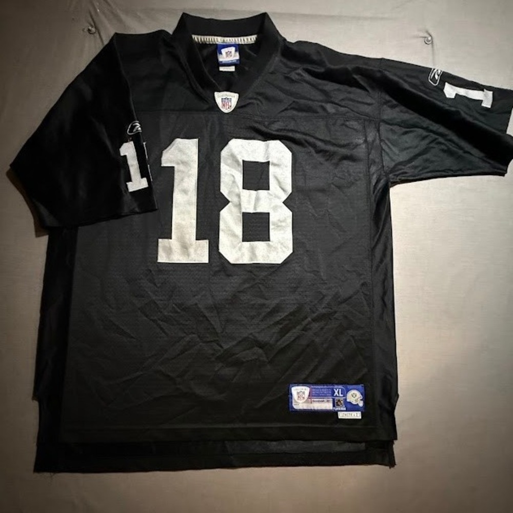 Randy Moss Reebok NFL Oakland Raiders #18 Jersey Mens XL Black Helmet Tag Rare